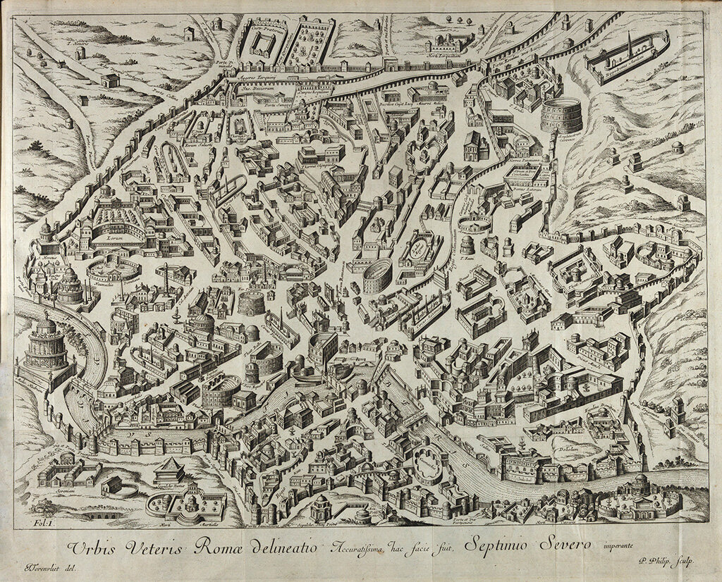 Zu sehen ist ein Stadtplan von Rom aus einem Buch von Johannes Rosinus mit dem Titel "Romanarum antiquitatum libri decem" aus dem Jahr 1701. Das Buch stzammt aus der Italien-Sammlung von Klaus Gerhard Frank.