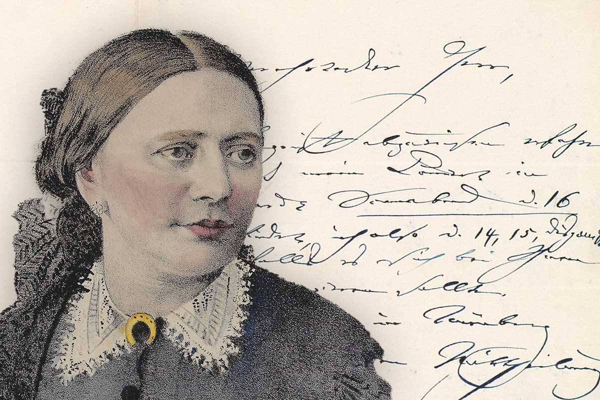 Portrait von Clara Schumann, im Hintergrund ist ein Brief zu sehen, den sie verfasst hat.