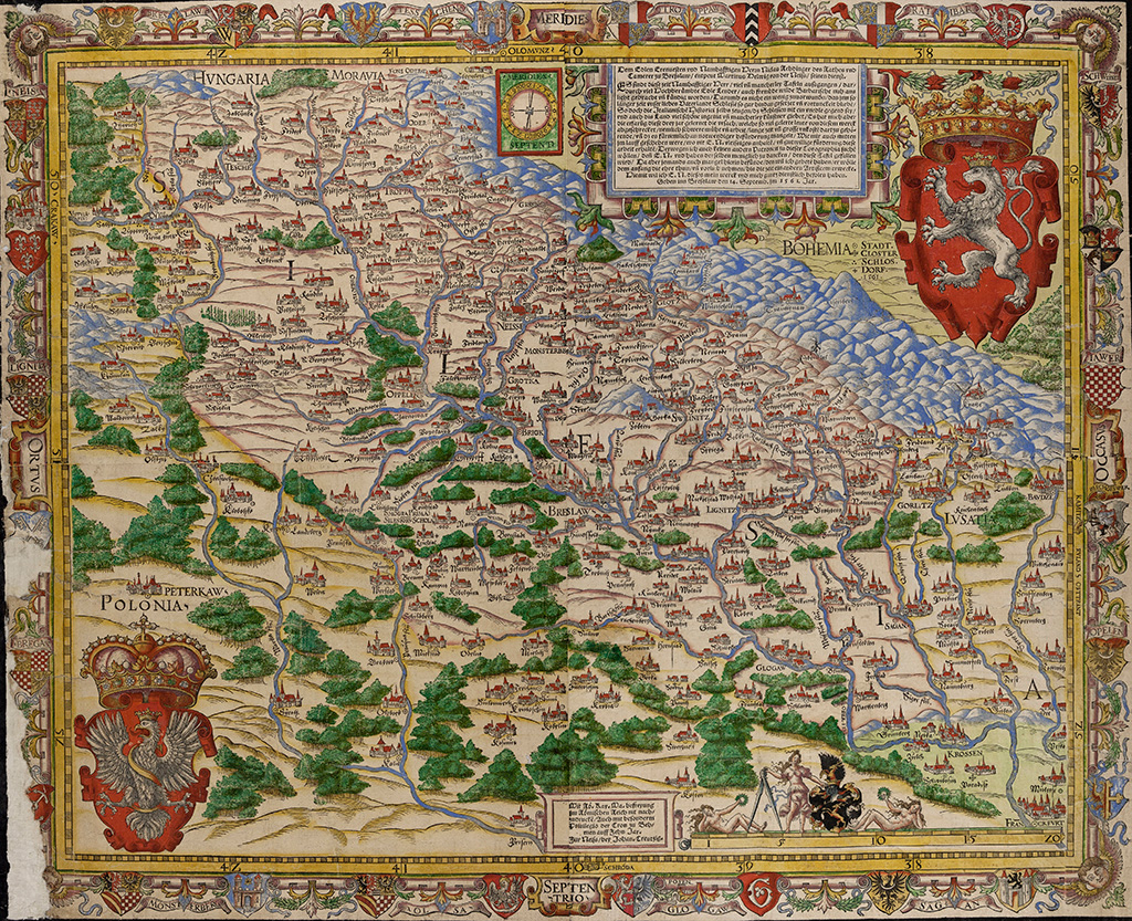 Die Schlesienkarte des Martin Helwig, gedruckt in Breslau 1561, ist prächtig koloriert. Den äußeren Rahmen bildet eine umlaufende Girlande, die mit Ähren, Drachen, Engelsköpfen, Arabesken und den 28 Wappen der 14 ehemaligen schlesischen Fürstentümer und ihrer Hauptstädte verziert ist.