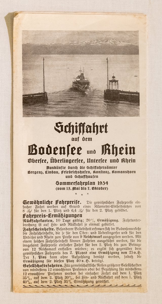 Sommerfahrplan für Schiffsfahrten auf dem Bodensee und Rhein aus dem Jahr 1934, samt Fahrpreisen.
