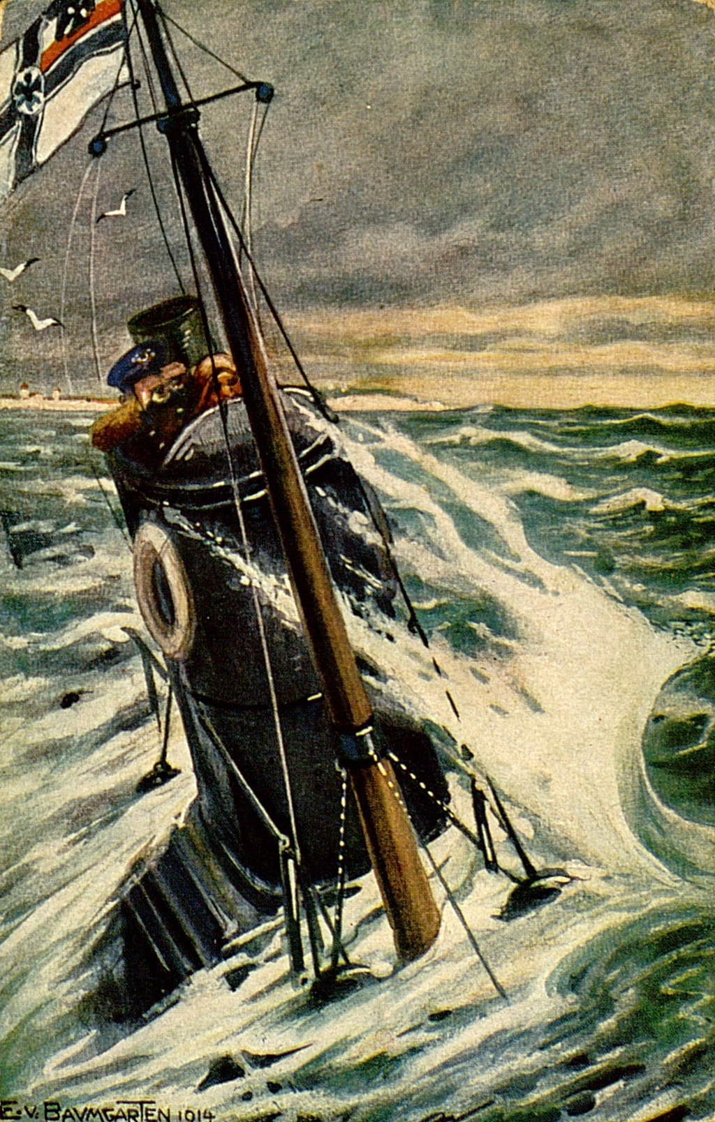 Zu sehen ist ein Gemälde. Es zeigt den Turm eines unter Wasser befindlichen U-Bootes. Der Turm ist mit dem Kapitän bemannt. Er sucht das aufgewühlte Meer mit einem Fernglas ab. Vor dem Turm befindet sich ein Mast an dem die Reichskriegsflagge weht. Im Hintergrund lassen sich die Kalkfelsen der englischen Küste erkennen. 