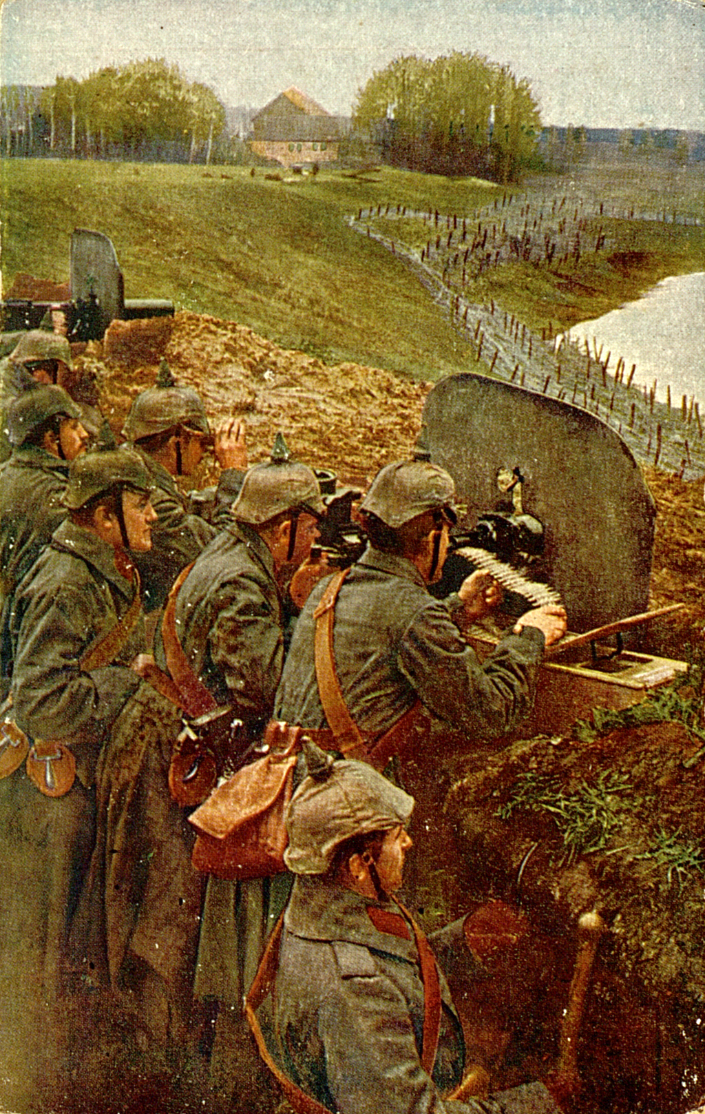 Zu sehen ist die kolorierte Fotografie von deutschen Soldaten in einem Schützengraben mit einem Maschinengewehr. Es könnte sich hierbei um das Modell MG 08/15 handeln.  