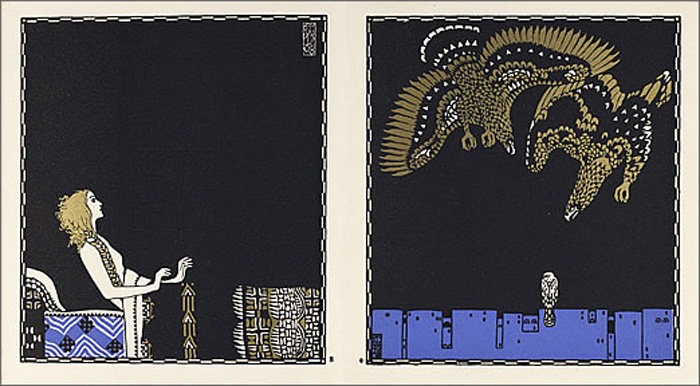 Zu sehen ist ein rechteckiges Bild, auf welchem rechts und links eine schwarz hinterlegte Malerei abgebildet ist. Auf dem linken Bild erkennt man eine Frau die sich in einem Bett aufrichtet. Auf dem rechten Bild sieht man wie zwei große Greifvögel einen kleinen, auf einem Haus sitzenden Vogel angreifen. 