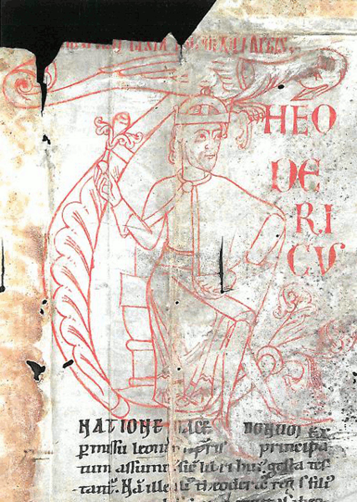 Zu sehen ist eine Seite aus der Theoderich-Initiale aus der Handschrift U.H. 16, nach der Mitte des 12. Jhs.