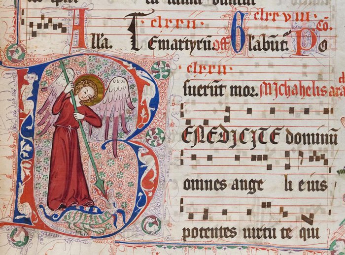 Zu sehen ist die groß Initiale B, in welcher der Erzengel Michael abgebildet ist. Diese Initiale befindet sich neben den mittelalterlichen Musiknoten des Wonnetaler Graduale Cod.