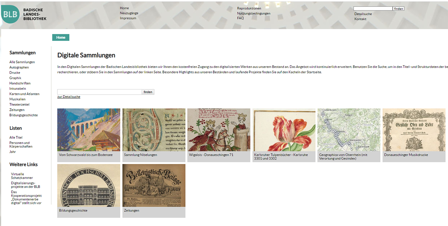 Screenshot der Webseite Digitale Sammlungen der BLB