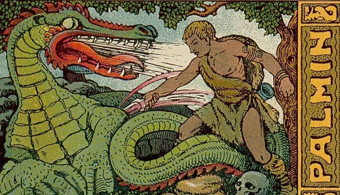 © Badische Landesbibliothek Karlsruhe Ein Sammelbild von Palmin aus der Nibelungen-Serie. Zu sehen ist Siegfried als Drachentöter.