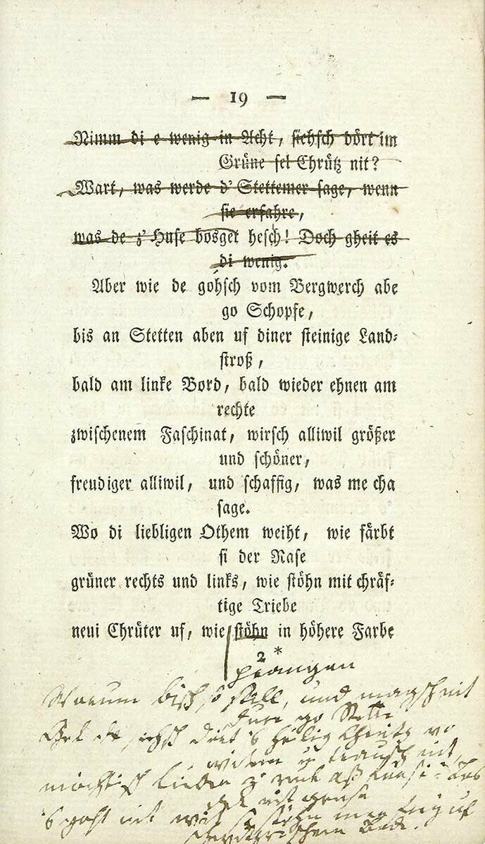 © Foto: Badische Landesbibliothek Karlsruhe Gezeigt ist Seite 19 aus der Erstausgabe der Alllemannischen Gedichte von Johann Peter Hebel mit seinen eigenhändigen Anmerkungen. Der Band befindet sich in der Badischen Landesbibliothek.