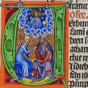 © Foto: Badische Landesbibliothek Karlsruhe Zu sehen ist der Prophet Hosea vor dem eine Frau kniet. Über der Szenerie ist Gott mit einer Segnungsgeste zu sehen.