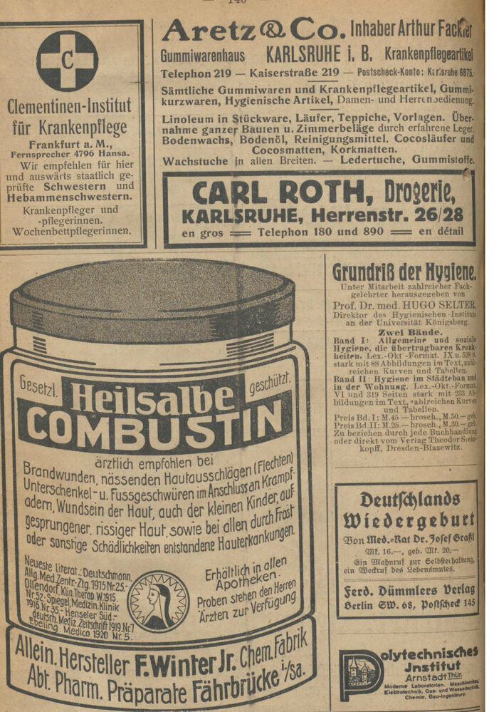 Auf dem Bild ist eine Seite mit Werbeanzeigen aus der Zeitschrift Sozialhygienische Mitteilungen vom 1.10.1920 zu sehen.