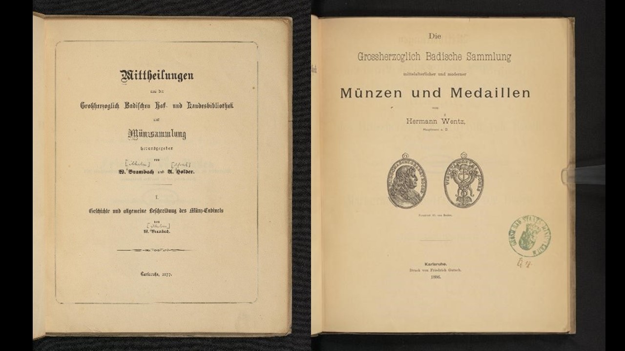 Die Abbildung zeigt zwei Titelblätter von Schriften zur badischen Münzsammlung von 1877 und 1886.