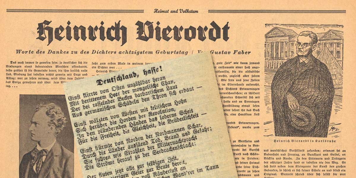 Zu sehen ist ein Zeitungsartikel mit einer Zeichnung von Vierordt und der Überschrift „Heinrich Vierordt“. Die Collage beinhaltet zudem eine Abbildung des Gedichts „Deutschland, hasse!“. 