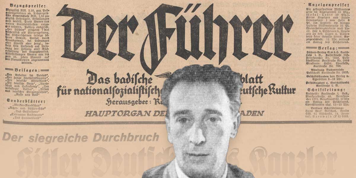 Die Collage zeigt eine Portraitfotografie von Franz Moraller. Im Hintergrund ist die Zeitung „Der Führer“ vom 31.1.1933 abgebildet.