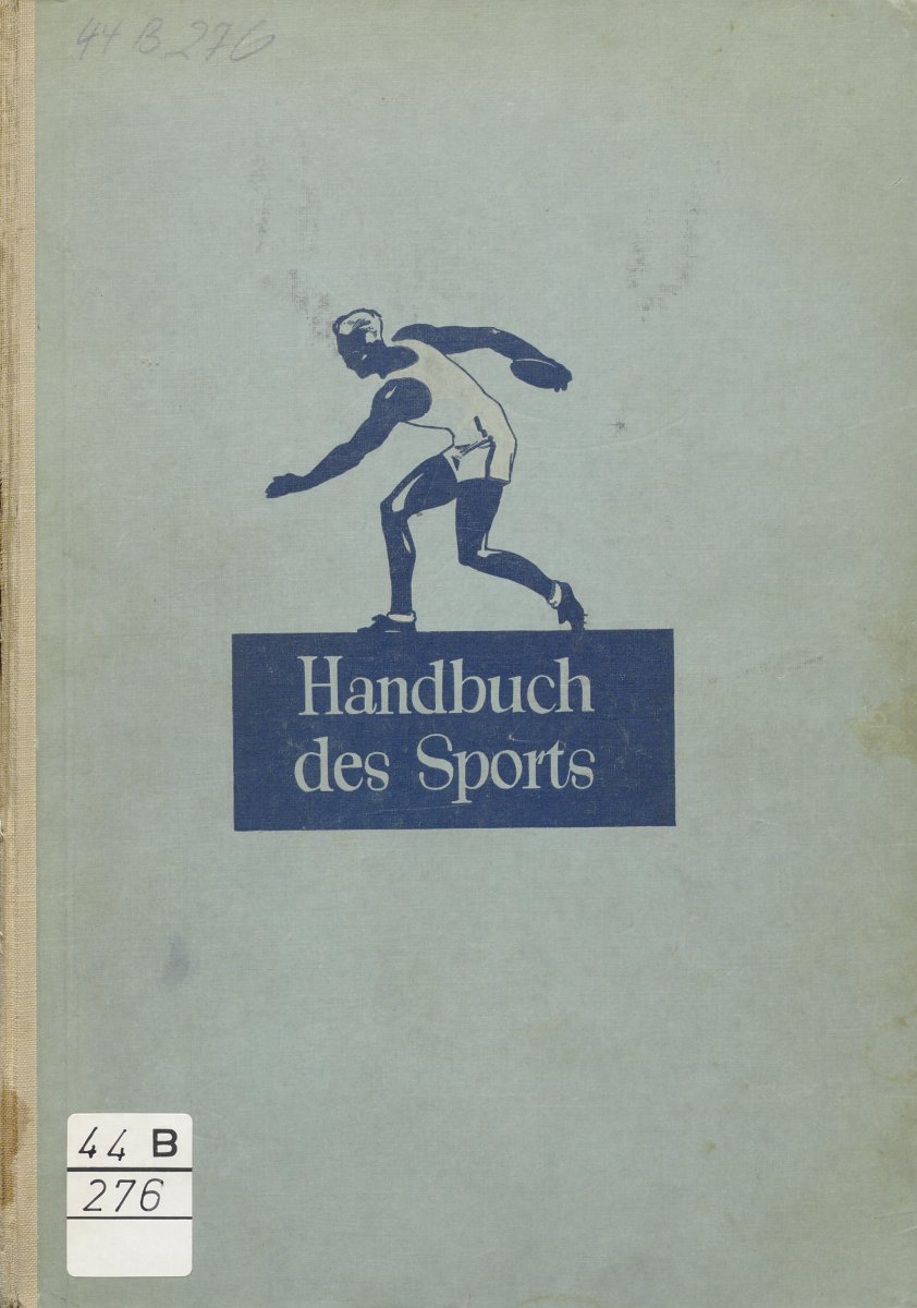 Einband des Buches „Handbuch für Sport.“ Für das graphische Element wurde sich für eine Silhouette eines Diskuswerfers entschieden. 