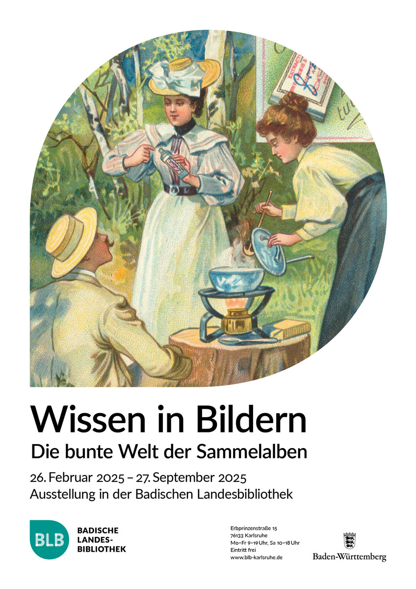 Ausstellungsplakat zu „Wissen in Bildern – die bunte Welt der Sammelalben“. Abgebildet im Monogon ist ein Detail einer Sammelbilder-Graphik. Zwei Frauen und ein Mann nehmen im Grünen ein Picknick zu sich.