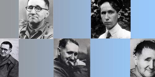 Zu sehen sind zahlreiche Fotografien von Bertolt Brecht auf grau-blauem Hintergrund.