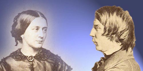 Zu sehen ist eine Fotomontage aus Portraits von Clara und Robert Schumann auf blauweißem Grund.