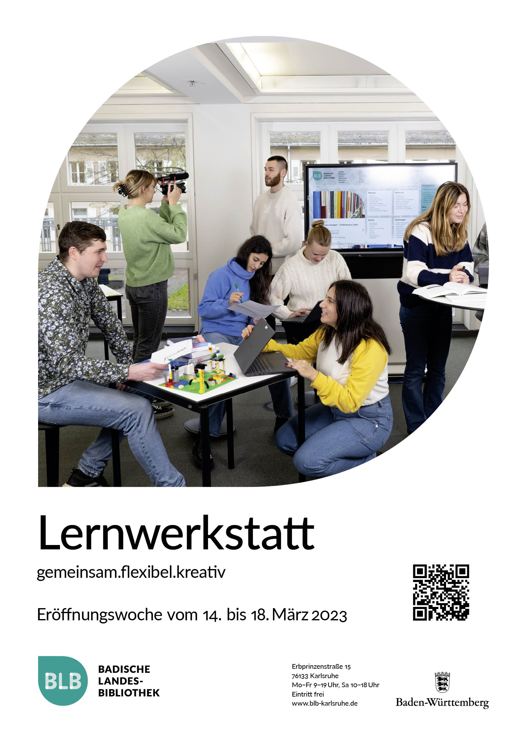 Das Plakat zur Eröffnung der Lernwerkstatt zeigt Jugendliche beim konzentrierten Lernen und Arbeiten. 