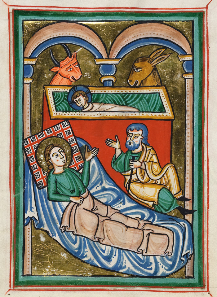 Zu sehen ist die heilige Familie im Stall zu Bethlehem. Aus dem Psalterium Cod. St. Peter perg. 122, 1. Hälfte 13. Jh.