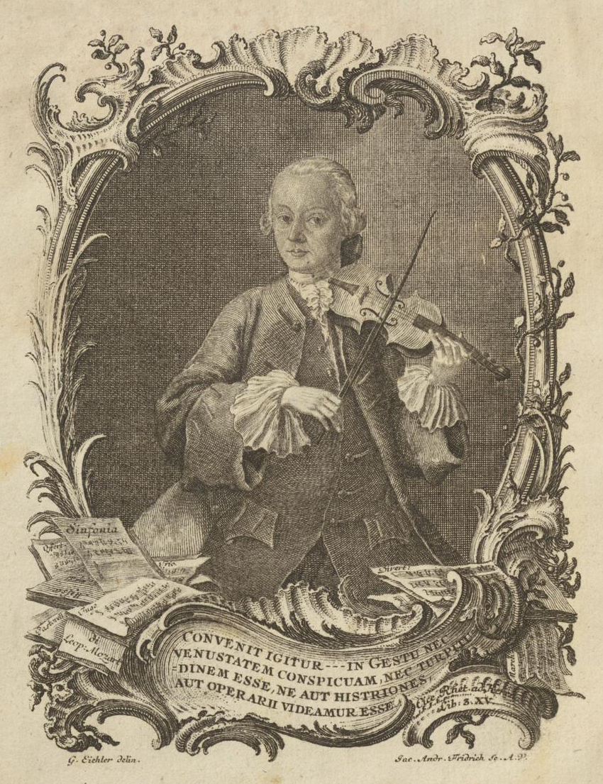 Bei dem Bild handelt es sich um ein Porträt von Leopold Mozart aus seiner Violinschule.