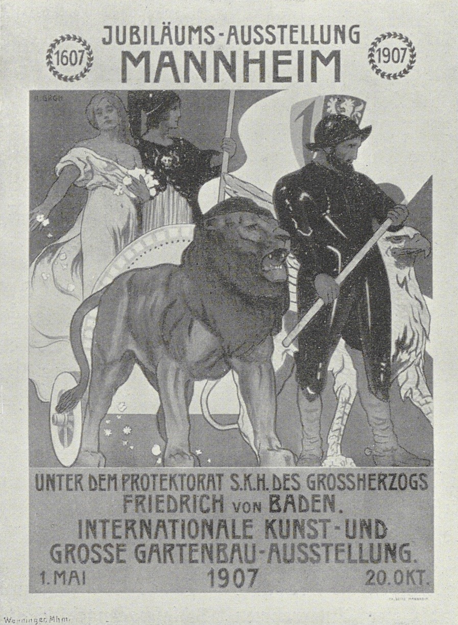 Das Foto zeigt das Ausstellungsplakat "Löwe von Kurpfalz" der Internationalen Kunst- und Gartenbauausstellung in Mannheim 1907.