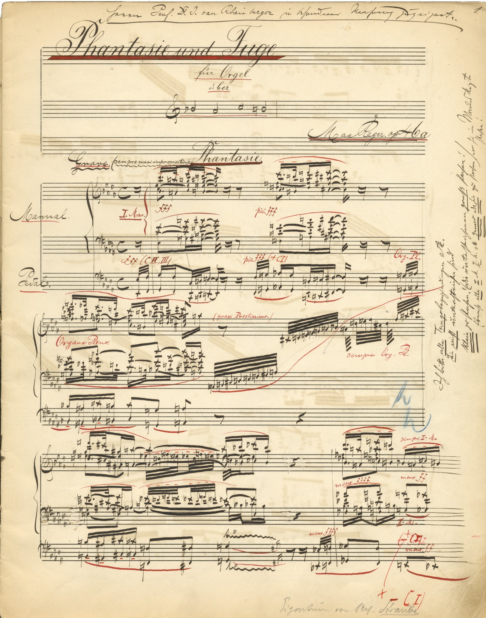 Die Abbildung zeigt die erste Seite der Notenhandschrift für die Phantasie und Fuge über B-A-C-H op. 46 von Max Reger.