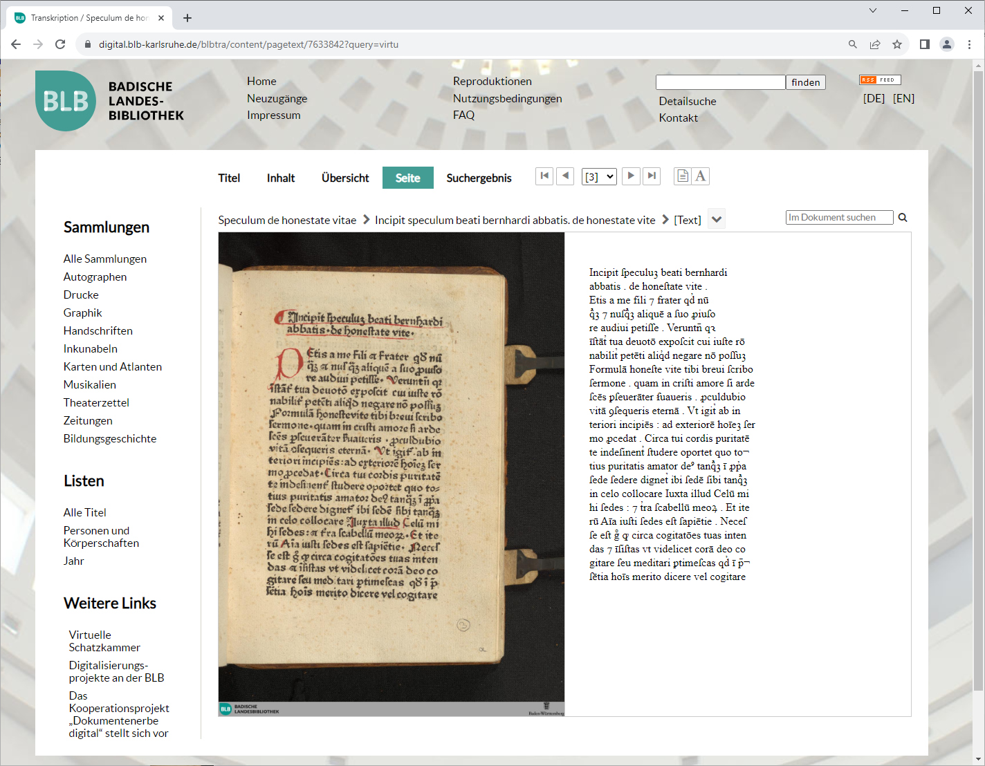 Der Screenshot zeigt das Digitalisat und den Volltext eines lateinischen Drucks von um 1472 bis 1474 nebeneinander.