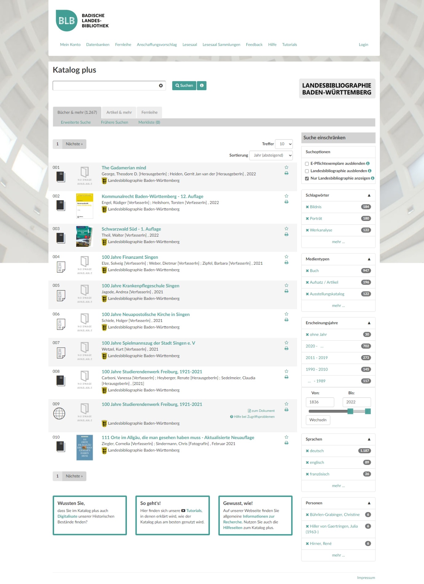Die Abbildung zeigt einen Screenshot der Landesbibliographie im Katalog plus der Badischen Landesbibliothek vom 20.11.2023.