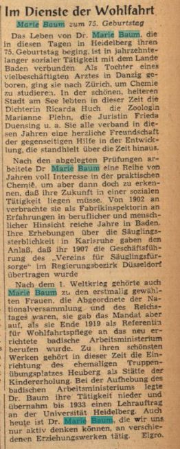 Die Abbildung zeigt einen Ausschnitt aus den Badischen Neuesten Nachrichten vom 26. März 1949.