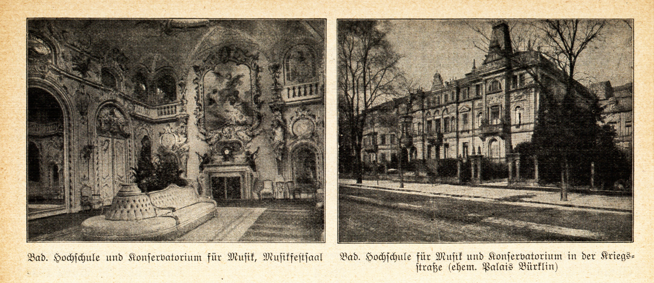 Das Foto zeigt zwei Ansichten der Badischen Hochschule für Musik Karlsruhe, den Musikfestsaal und die Fassade des Gebäudes zur Kriegsstraße hin, vom 20. April 1929.