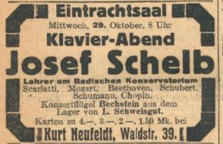 Die Abbildung zeigt eine Anzeige für ein Konzert von Josef Schelb am 29. Oktober 1924.