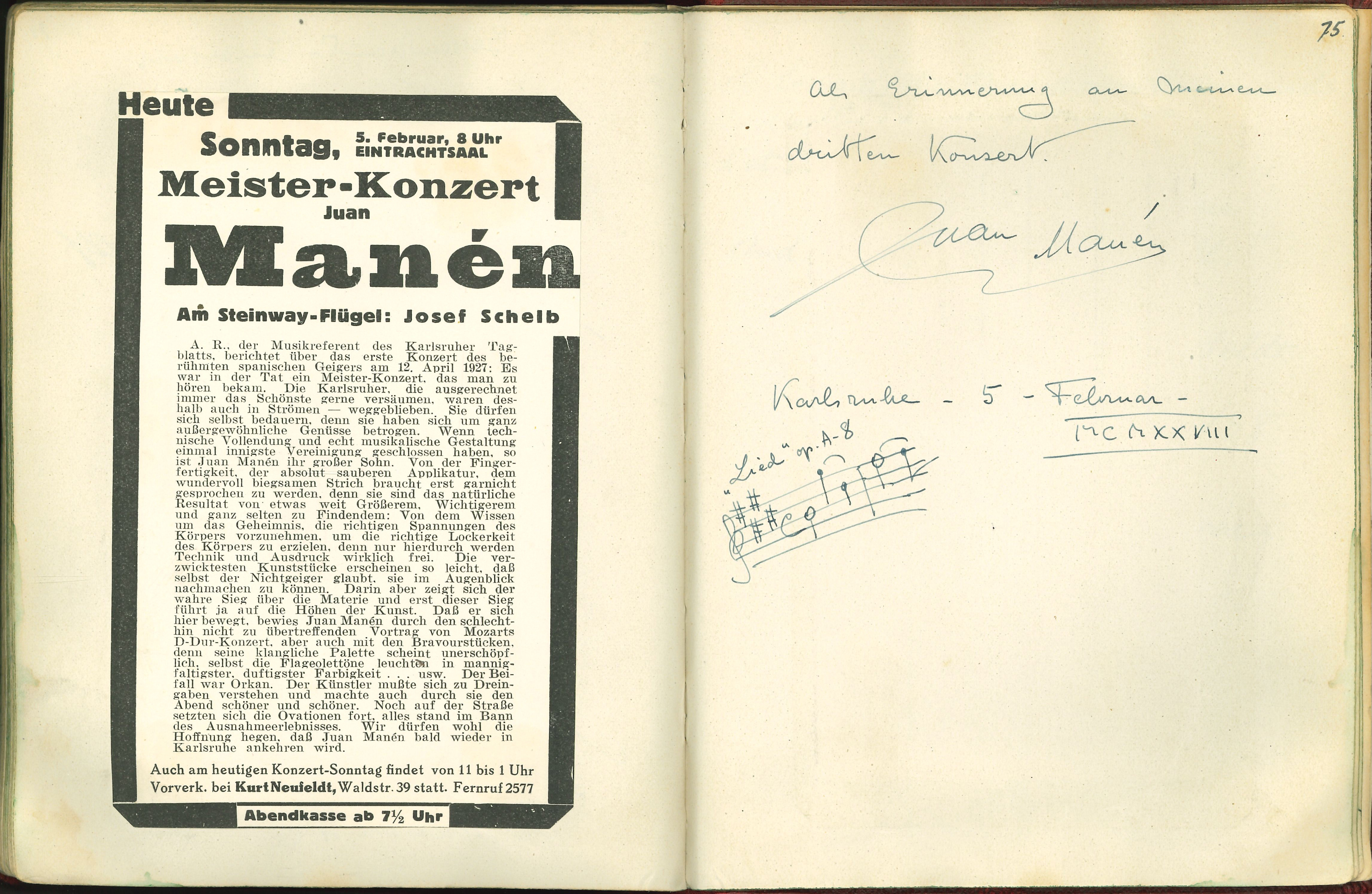 Die Abbildung zeigt einen Eintrag des Geigers Juan Manén in ein Gästebuch der Konzertdirektion Neufeldt zu dem Konzert am 5. Februar 1928.