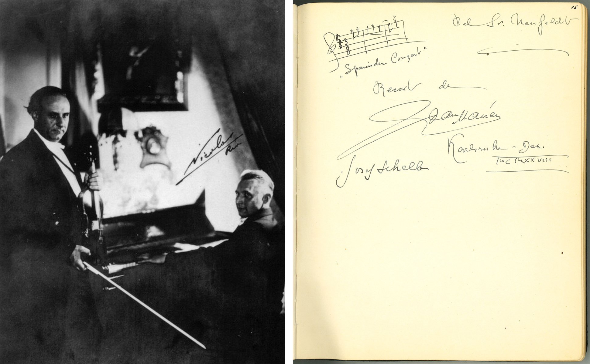 Die Abbildung zeigt ein Foto des Geigers Juan Manén und des Pianisten Josef Schelb sowie einen Eintrag in ein Gästebuch der Konzertdirektion Neufeldt zu dem Konzert am 12. Dezember 1928.
