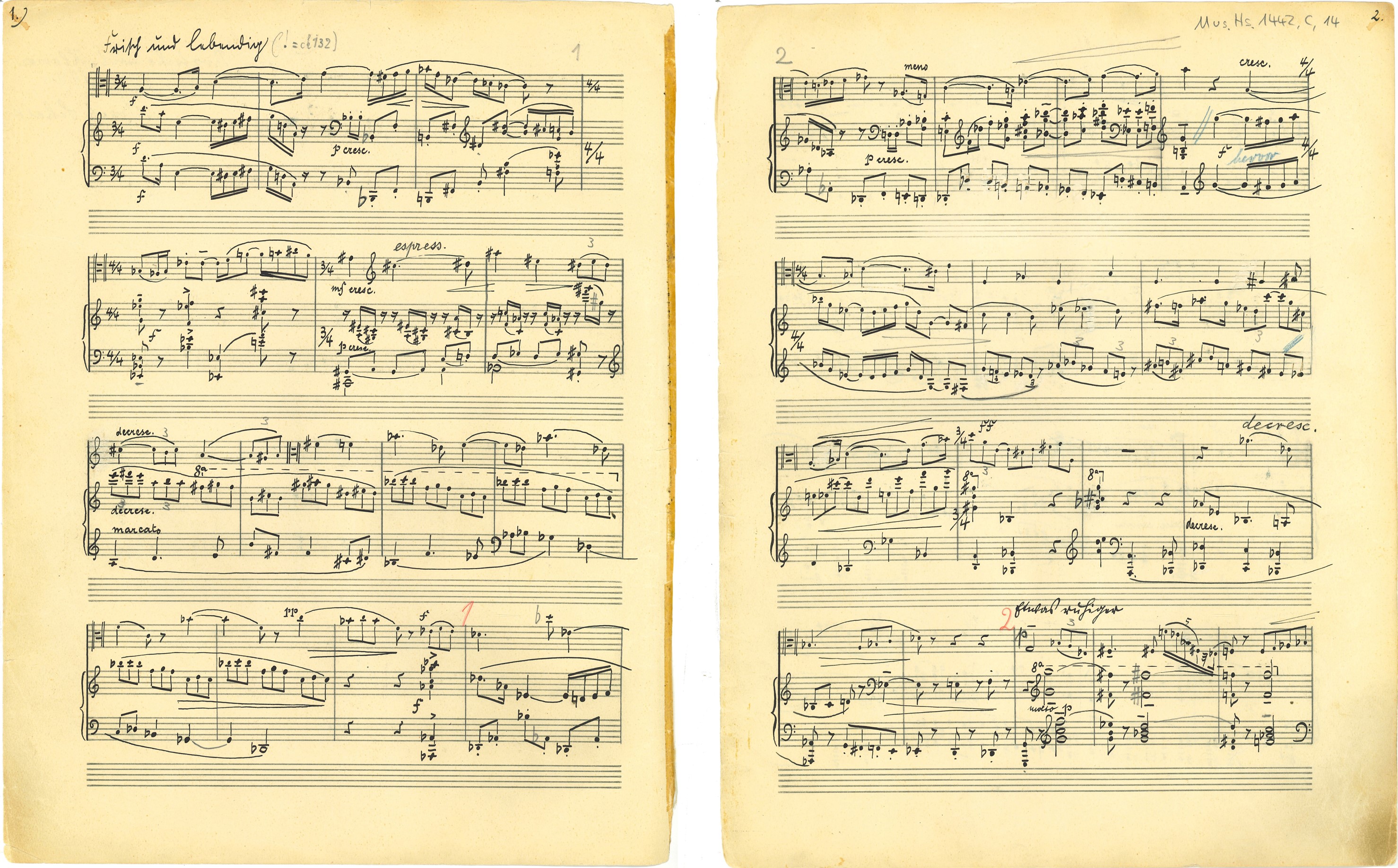 Die Abbildung zeigt die ersten beiden Seiten des Autographs der Sonate für Bratsche und Klavier Nr. 1 von Josef Schelb von 1925.