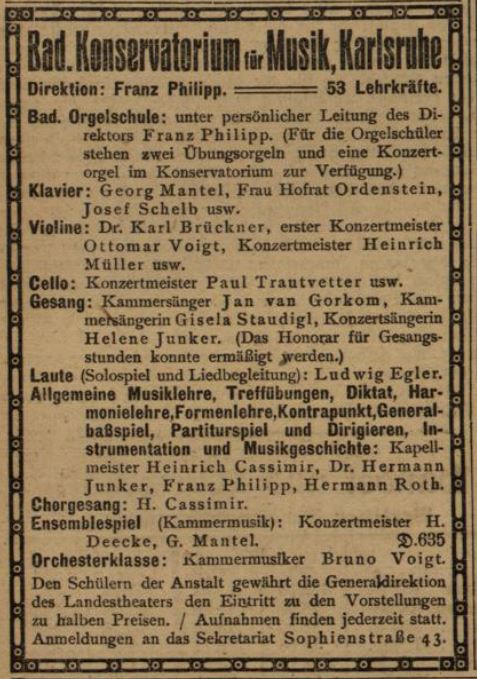 Die Abbildung zeigt eine Werbeanzeige für das Badische Konservatorium für Musik Karlsruhe vom 6. Oktober 1924.