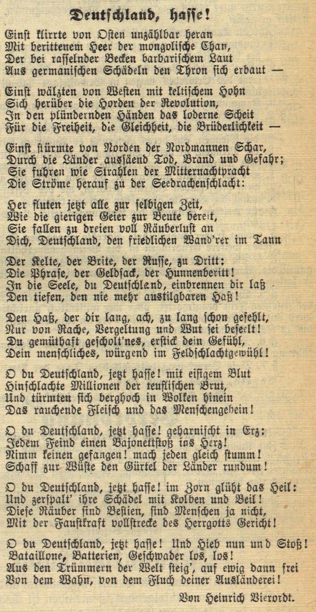 Die Abbildung zeigt das Gedicht „Deutschland, hasse!" von Heinrich Vierordt von 1914, abgedruckt in der Zeitung Der Landbote vom 5. September 1914.