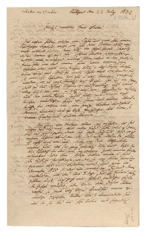 Die Abbildung zeigt einen handgeschriebenen Brief von Gustav Schwab an Joseph von Laßberg (1770-1855) vom 22. März 1832.