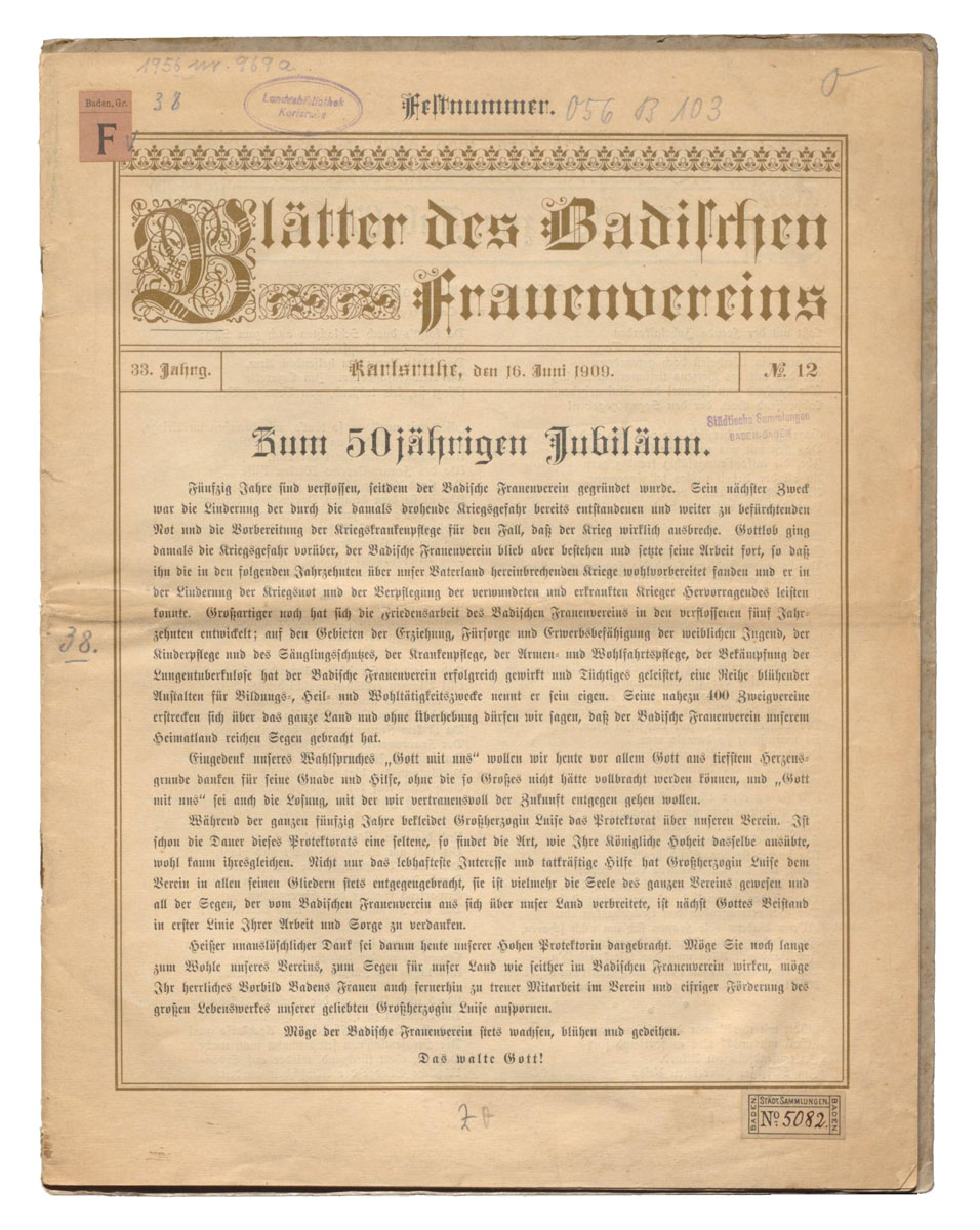 Auf dem Bild ist die Titelseite der Blätter des Badischen Frauenvereins zu sehen.