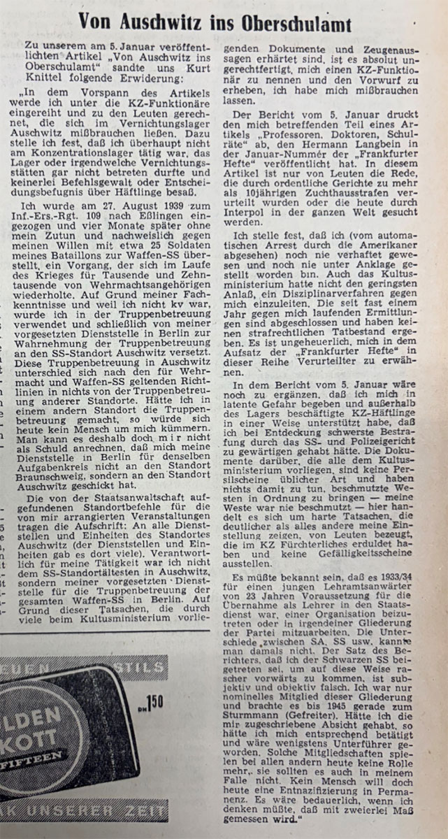 Zeitungsartikel mit der Überschrift „Von Auschwitz ins Oberschulamt“