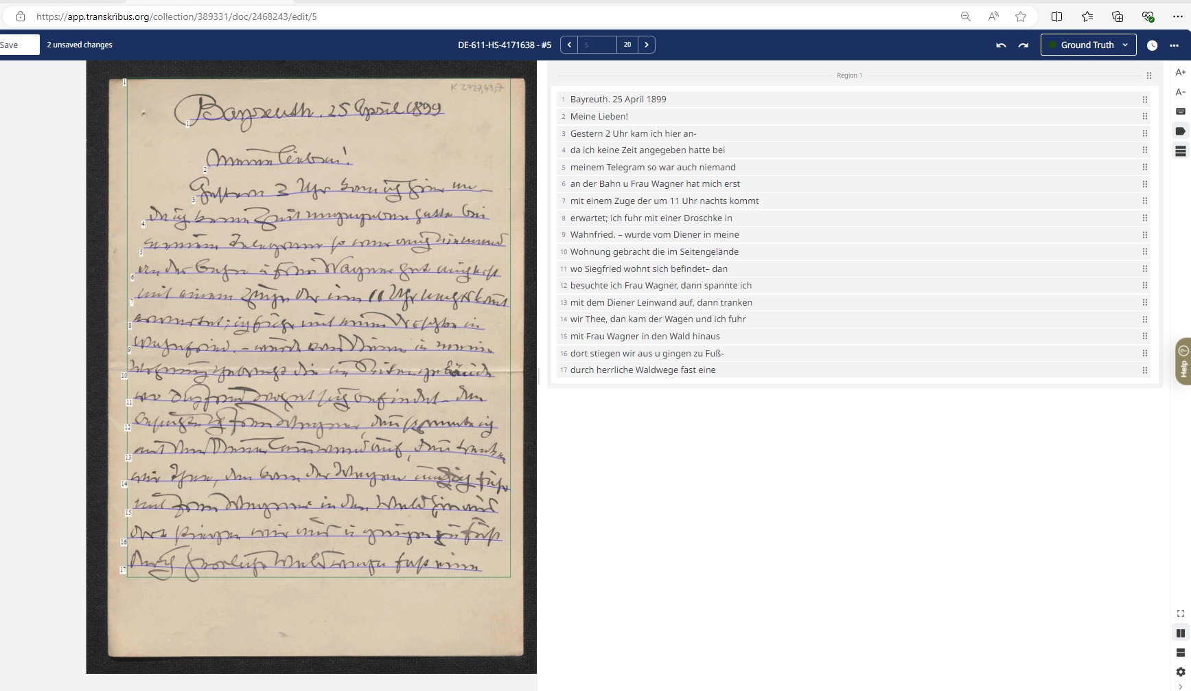 Screenshot eines Briefes von Hans Thoma, geöffnet mit der Software Transkribus, um die Schrift zu analysieren.