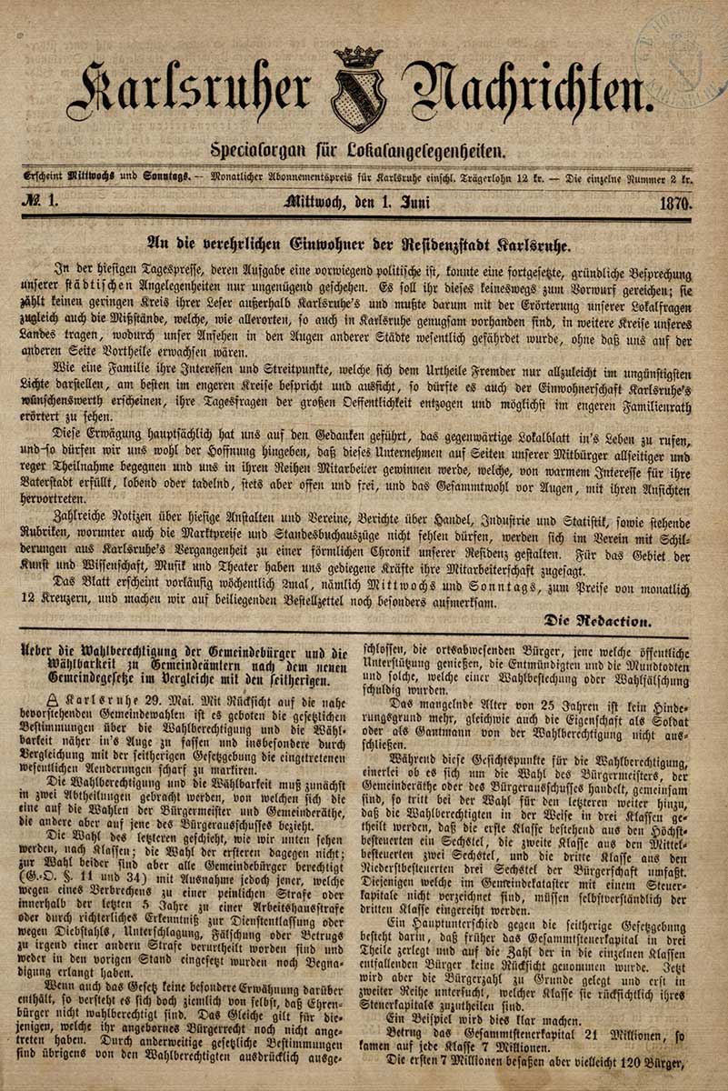 Zu erkennen ist eine Seite der ersten Ausgabe der Zeitung „Karlsruhe Nachrichten“.