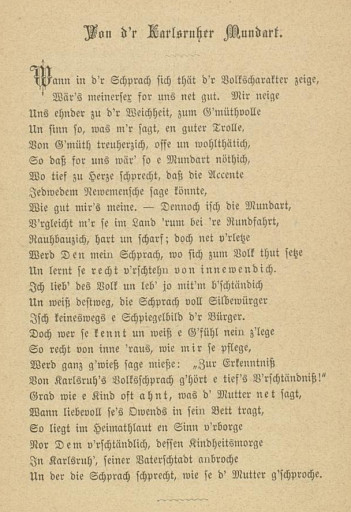 Niederschrieb des Gedichts Von d’r Karlsruher Mundart.