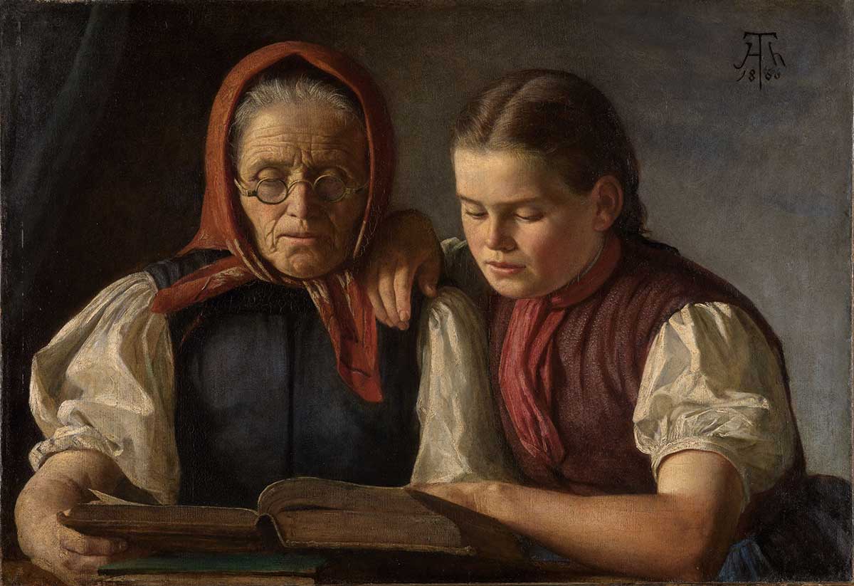 Zu erkennen ist eine Porträtmalerei von Hans Thoma. Abgebildet sind seine Mutter und seine Schwester, die gemeinsam die Bibel lesen. Die Mutter hält das Buch, während die Schwester, mit der Hand auf ihrer Schulter, von der Seite in dieses hineinschaut. Seine Mutter trägt ein rotes Tuch um den Kopf, welches lose unter dem Kinn gebunden ist, und eine Brille mit kleinen, runden Gläsern.