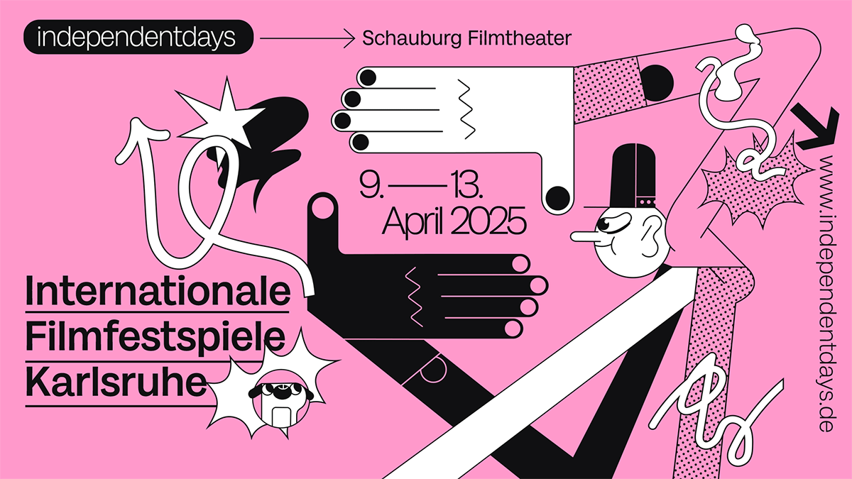 Zu sehen ist ein Werbeplakat für die IDIF – Independent Day Internationale Filmfestspiele. Auf pinkem Hintergrund sind dynamische schwarz-weiß Grafiken platziert. Mittig wird auf das Datum (9. – 13. April) verwiesen.